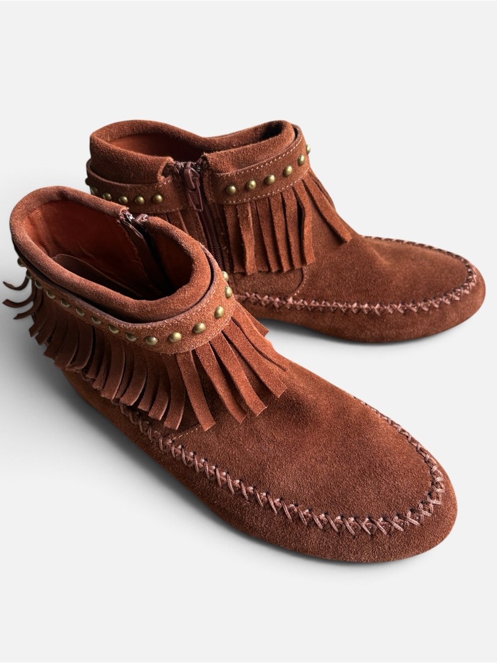 Aldo Rust Brown Suede Fringe Ankle Booties with Stud Trim